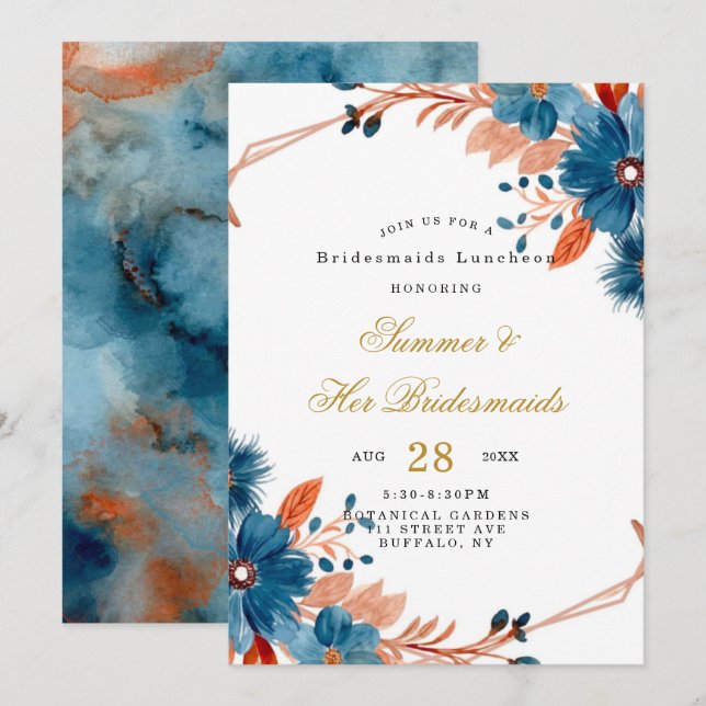 Invitation Terracotta Marine Blue Floral Bridesmaitres déjeun (Devant / Derrière)