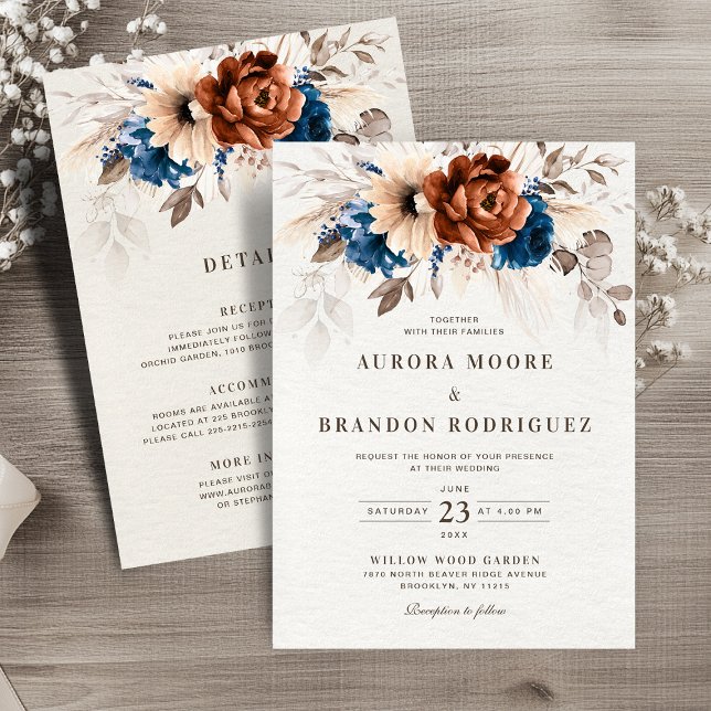 Invitation Terracotta Marine Pampas Grass tout en un Mariage (Terracotta Navy Pampas Grass All in One Details Wedding Invitation)