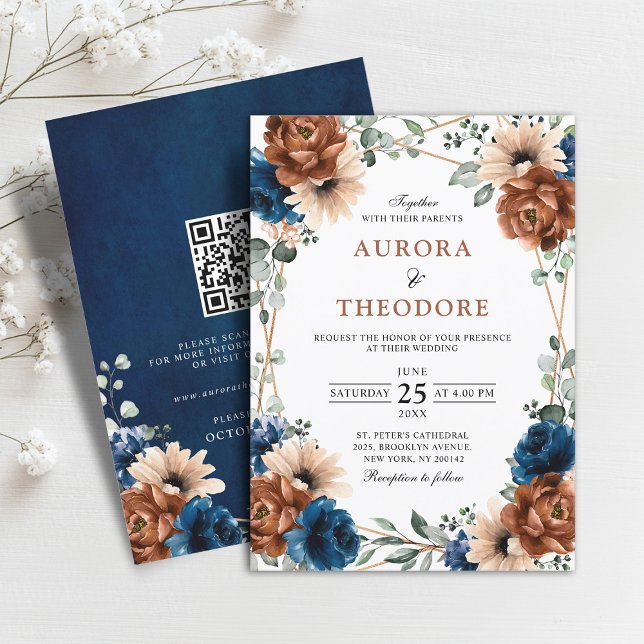 Invitation Terracotta Marine Vert Mariage géométrique QR Code (Terracotta Navy Blue Greenery Geometric Wedding QR Code Invitation)