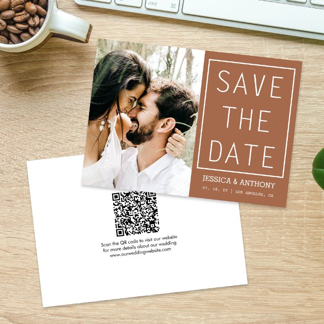 Invitation Terracotta Moderne Enregistrer La Date Photo Code  (The QR code makes it easy for guests to visit your website for more details about your wedding.)