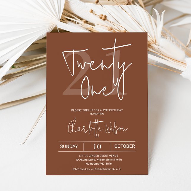 Invitation Terracotta moderne minimaliste 21e anniversaire (Modern terracotta 21st birthday invitation featuring a modern calligraphy font  white text.)
