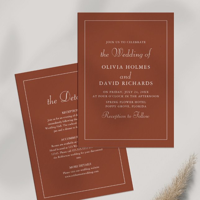 Invitation Terracotta Moderne Minimaliste Détails Mariage (Terracotta Modern Minimalist Wedding Details Invitation on white background.)