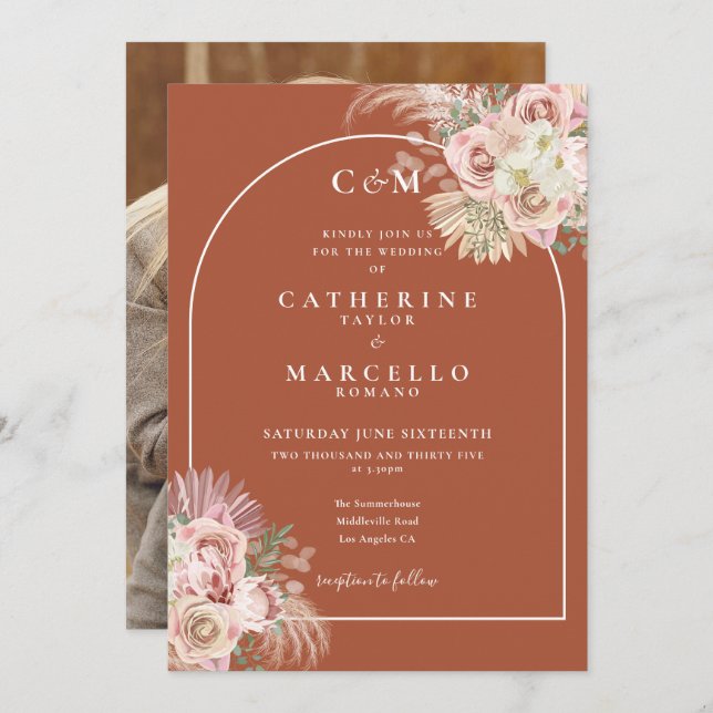 Invitation Terracotta Monugram Pampas Mariage photo en herbe (Devant / Derrière)