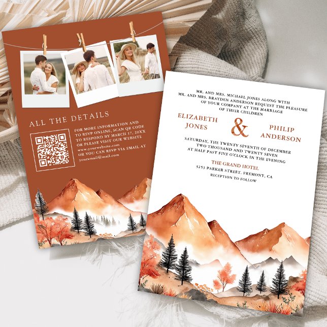 Invitation Terracotta Mountain Forest Photo QR Code Mariage (Créateur téléchargé)