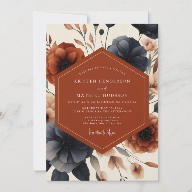 Invitation Terracotta Navy Bloom Autumn Wedding (Devant)