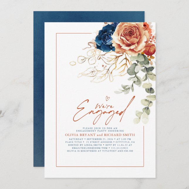 Invitation Terracotta & Navy Blue Floral Engagement Party (Devant / Derrière)