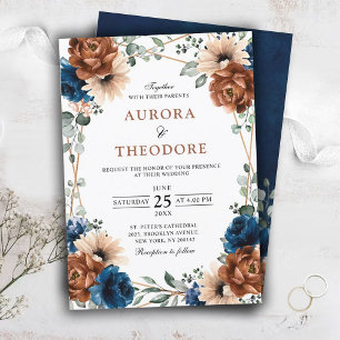 Invitation Terracotta Navy Blue Greenery Geometric Wedding In