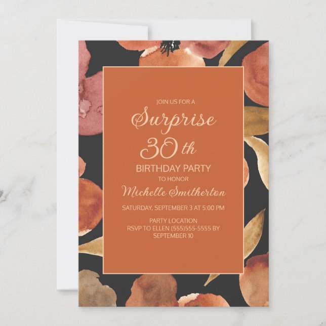 Invitation Terracotta Orange Brûlée Floral Black Surprise 30e (Devant)