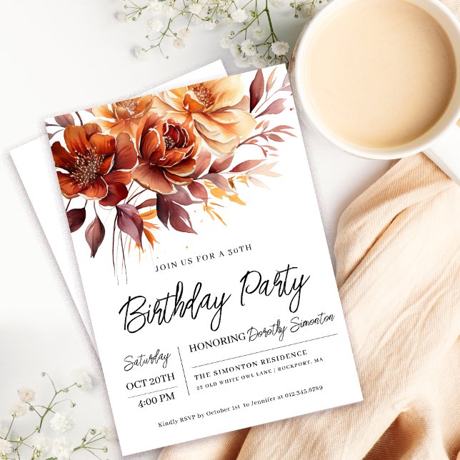 Invitation Terracotta Orange Fall Flowers 30e anniversaire (Need a matching fall flowers Welcome Sign? Message me!)