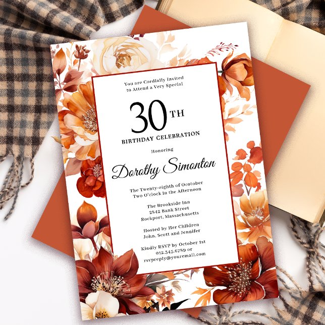 Invitation Terracotta Orange Fall Flowers 30e anniversaire (Need a matching autumn floral Welcome Sign? Message me! Party supplies available too!)