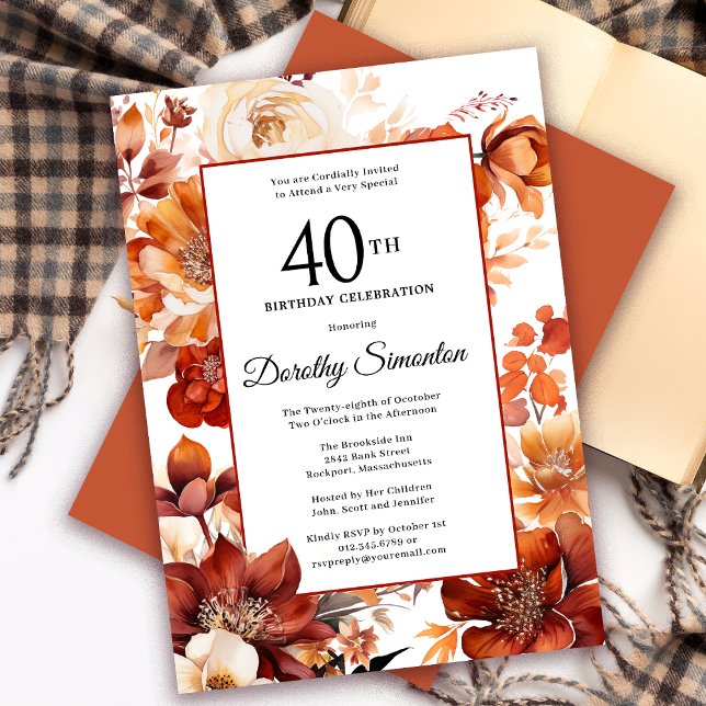 Invitation Terracotta Orange Fall Flowers 40e anniversaire (Need a matching autumn floral Welcome Sign? Message me! Party supplies available too!)