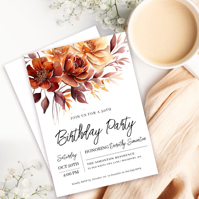 Invitation Terracotta Orange Fall Flowers 50e anniversaire (Need a matching fall floral Welcome Sign? Message me!)