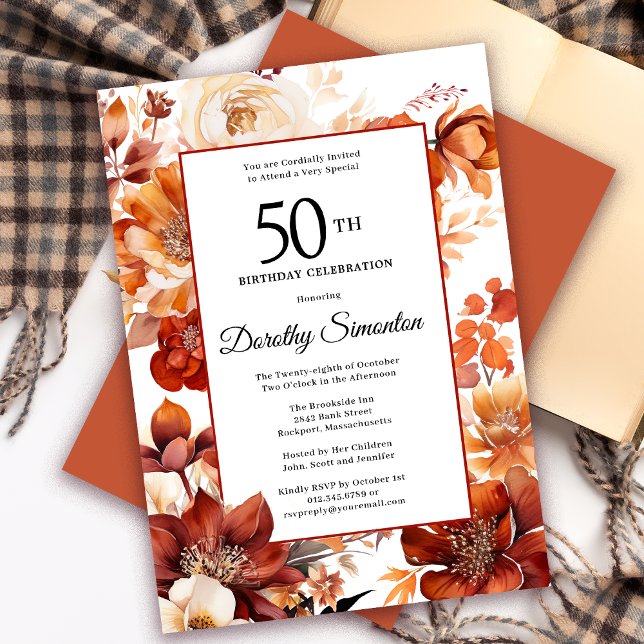 Invitation Terracotta Orange Fall Flowers 50e anniversaire (Need a matching autumn floral Welcome Sign? Message me! Party supplies also available.)