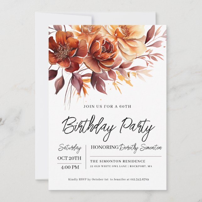 Invitation Terracotta Orange Fall Flowers 60e anniversaire (Devant)