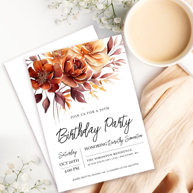 Invitation Terracotta Orange Fall Flowers 70e anniversaire (Need a matching fall flowers Welcome Sign? Message me!)
