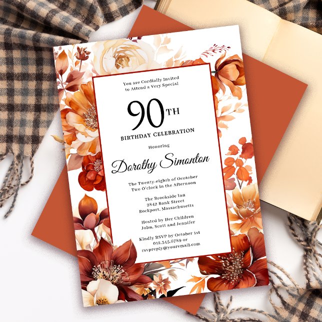 Invitation Terracotta Orange Fall Flowers 90e anniversaire (Need a matching fall Floral Welcome sign? Message me! Party supplies available too.)