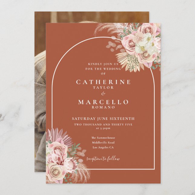 Invitation Terracotta Pampas Arc de laiton Mariage photo flor (Devant / Derrière)