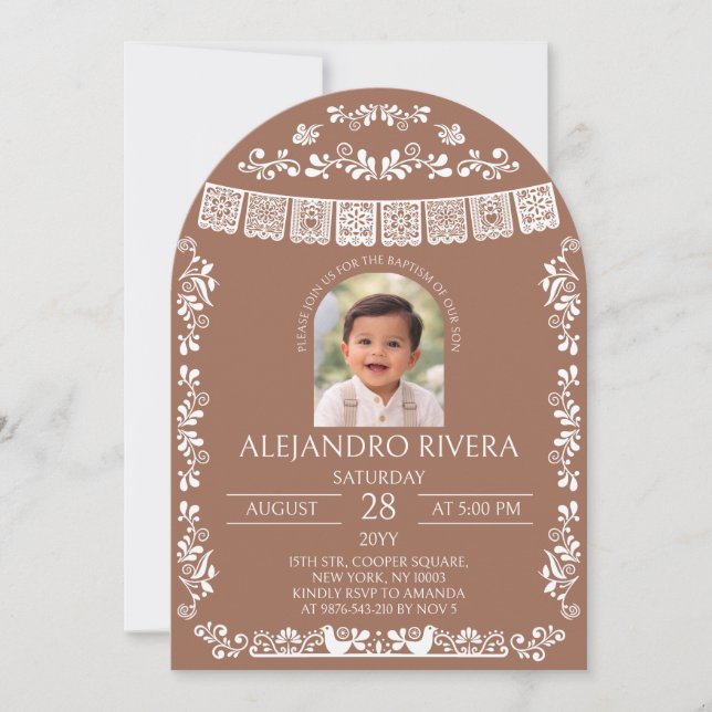 Invitation Terracotta Papel Picado Baptism Boy Arch Photo (Devant)