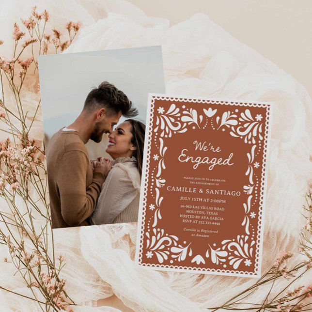 Invitation Terracotta Papel Picado Fiançailles Part Invitatio (Photo We're Engaged Party Invitation)