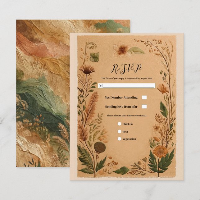 Invitation Terracotta Pêche Fleurs Pressées Boho Wedding RSVP (Devant / Derrière)