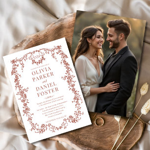 Invitation Terracotta Photo Floral Mariage français victorien