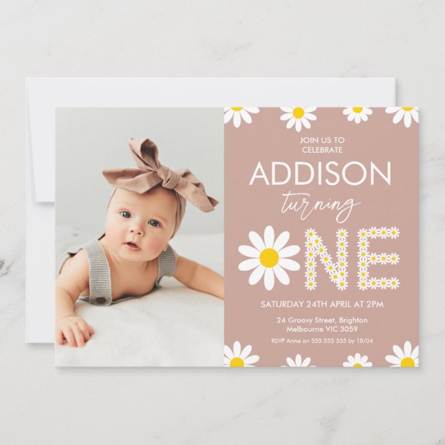 Invitation Terracotta Photo Retro Daisy 1er anniversaire (Devant)
