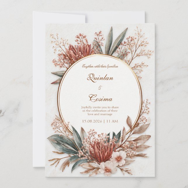 Invitation Terracotta Protea Vert Turquoise Feuille Or Cercle (Devant)