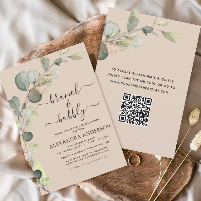 Invitation Terracotta QR Code Brunch & Bubbly Eucalyptus (Créateur téléchargé)