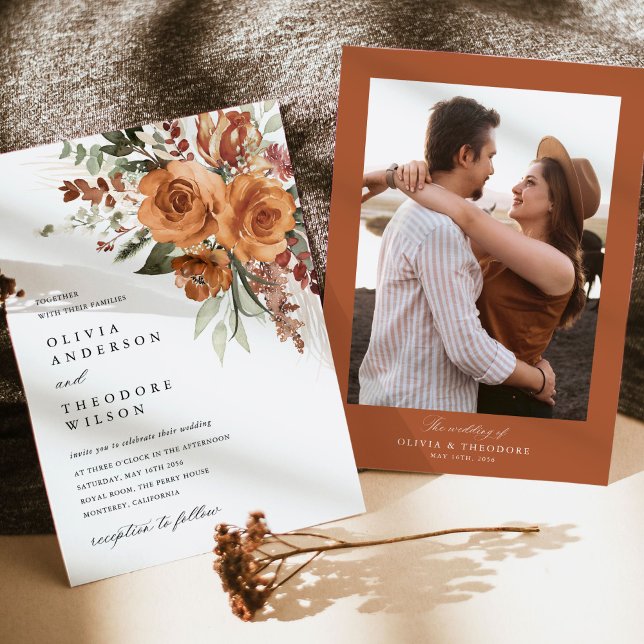 Invitation Terracotta Rose Floral Elegant Photo Back Wedding (Bohemian terracotta rose floral photo back wedding invitation with pampas, modern classic typography)