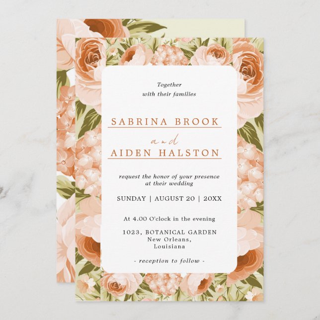 Invitation Terracotta Rose florissant Hydrangea Mariage Flora (Devant / Derrière)