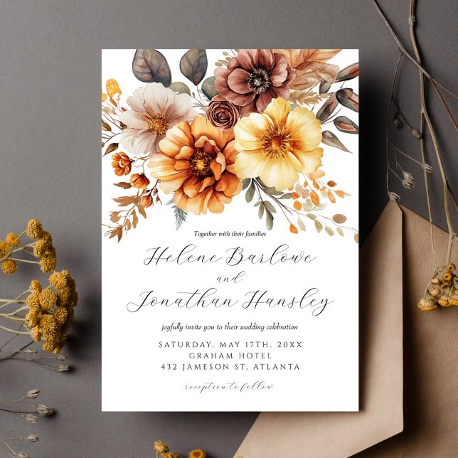 Invitation Terracotta rouille Orange Boho Floral Élégant Mari (Terracotta Rust Orange Boho Floral Elegant Wedding Invitation)