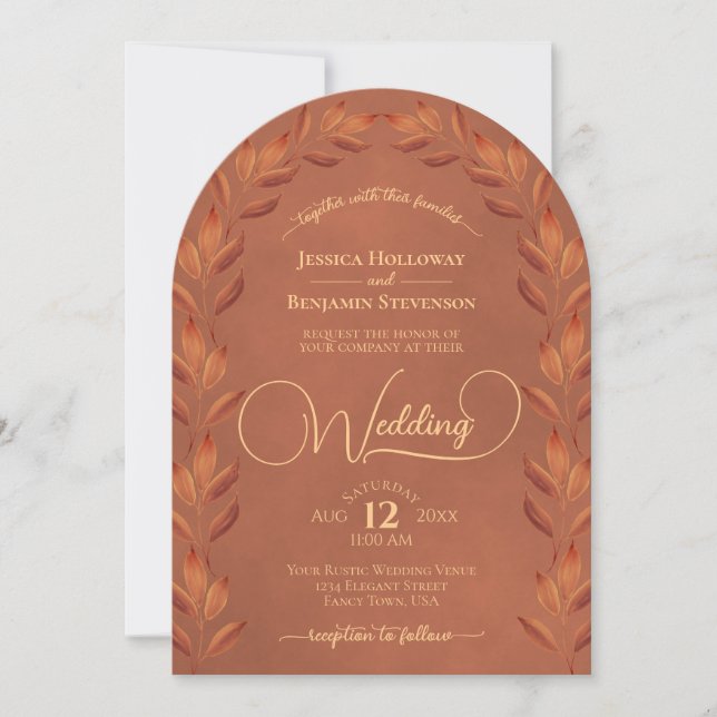 Invitation Terracotta rouille Orange Feuilles Élégant Mariage (Devant)