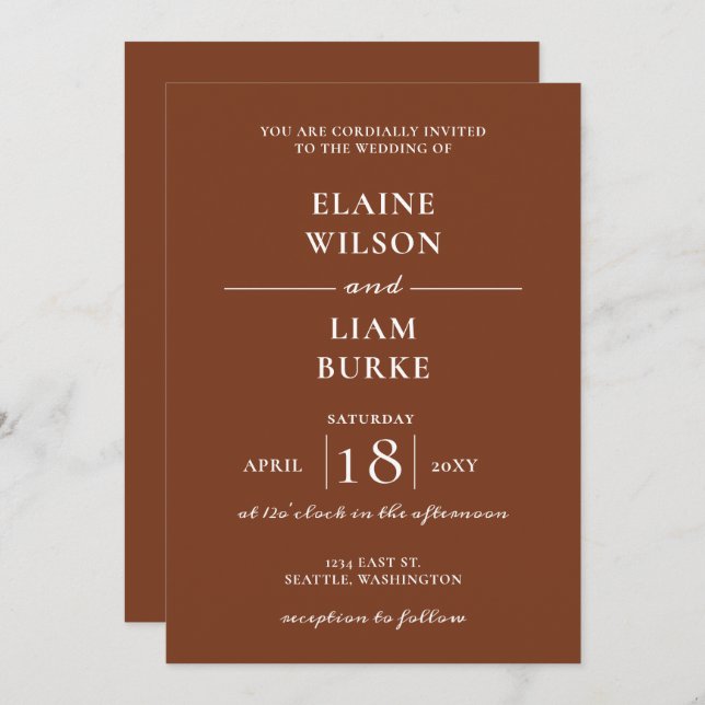 Invitation Terracotta Rustic Burange Mariage moderne Orange (Devant / Derrière)