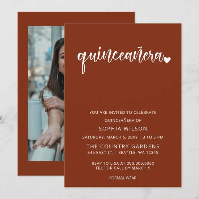 Invitation Terracotta rustique Simple Script Quinceanera Phot (Devant / Derrière)