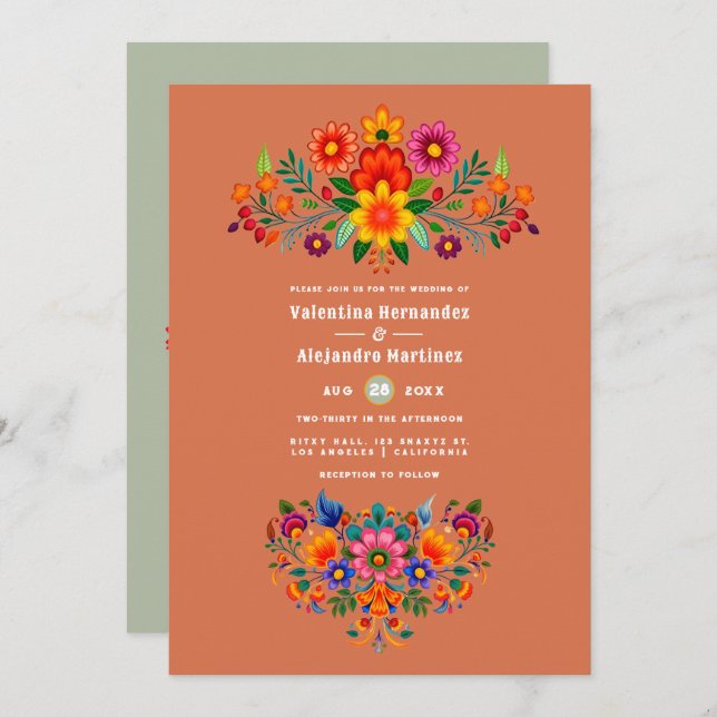 Invitation Terracotta & Sage Mexican Folk Art Fiesta Wedding (Devant / Derrière)