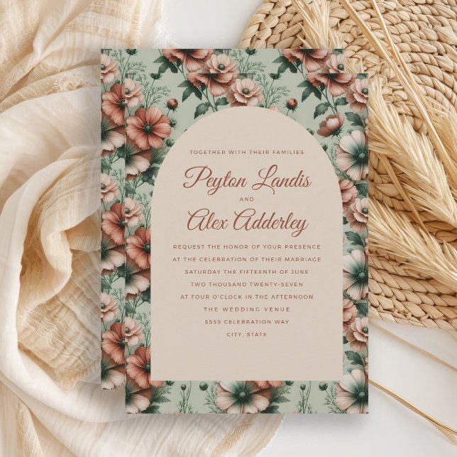 Invitation Terracotta Sage Vert Arc Floral Mariage (Terracotta and sage green floral arch wedding invitation)