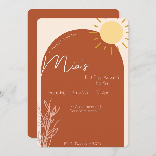 Invitation Terracotta Script 1er voyage autour du soleil Anni (Devant / Derrière)