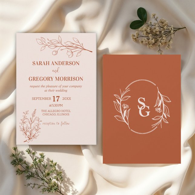 Invitation Terracotta Simple Boho Floral Bicolor Mariage (Créateur téléchargé)