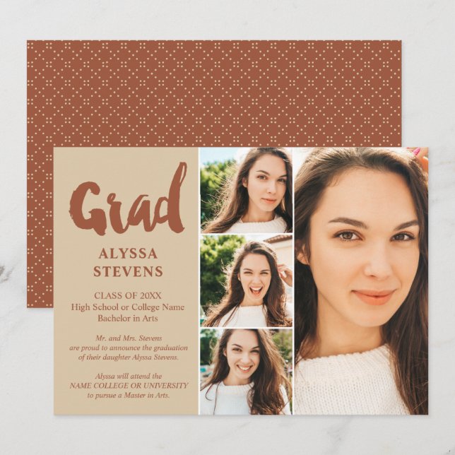 Invitation Terracotta simple Grad script 4 photos graduation (Devant / Derrière)