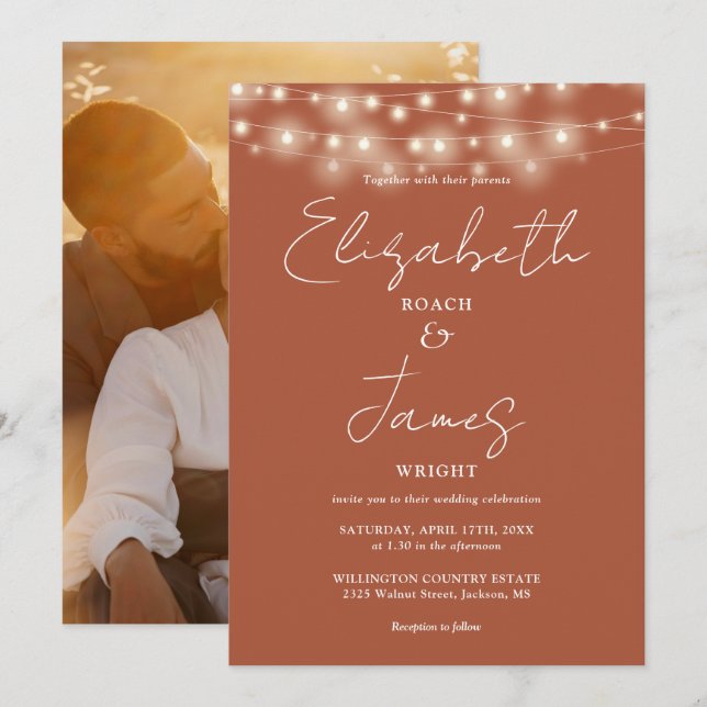 Invitation Terracotta String Lights Chic Script Photo Mariage (Devant / Derrière)