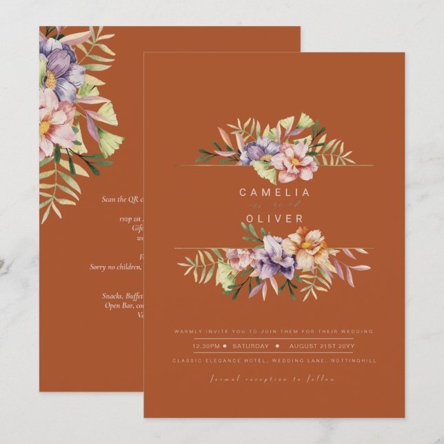 Invitation Terracotta Summer Floral Wedding Inviter QR Code (Devant / Derrière)