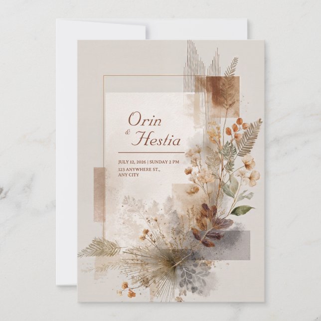 Invitation Terracotta Taupe Or Botanique Abstrait Mariage (Devant)