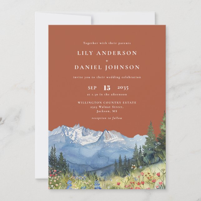 Invitation Terracotta Watercolor Mountain Wildflower Wedding (Devant)