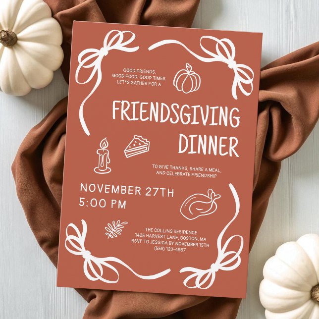 Invitation Terracotta Whimsical Main tiré Bow Friendsgiving (Terracotta Whimsical Hand Drawn Bow Friendsgiving Invitation)