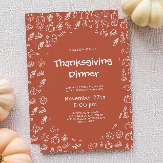 Invitation Terracotta Whimsical Main Tirée Thanksgiving Party (Terracotta Whimsical Hand Drawn Thanksgiving Party Invitation)