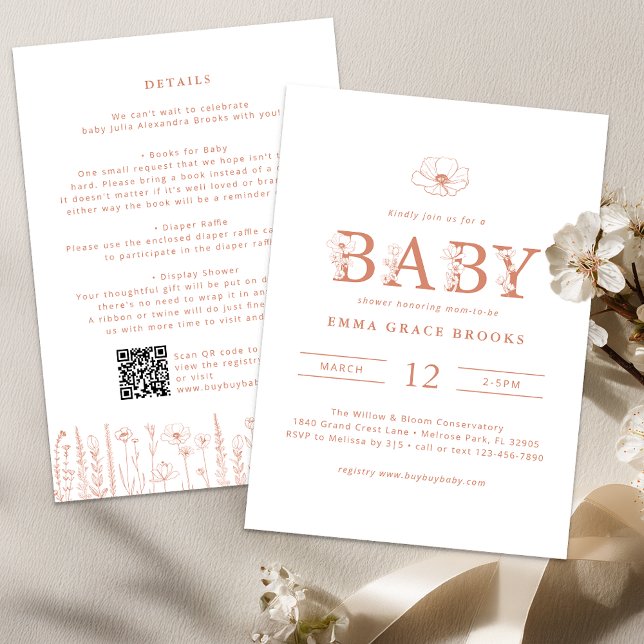 Invitation Terracotta Wildflower Baby Shower All-in-One (Terracotta Wildflower Typography Baby Shower Invite)