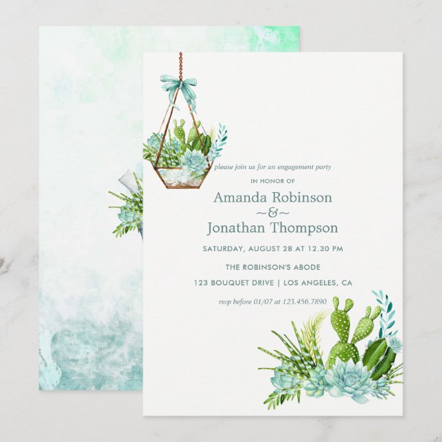 Invitation Terrarium de verre à l'aquarelle Succulents Fiança (Devant / Derrière)