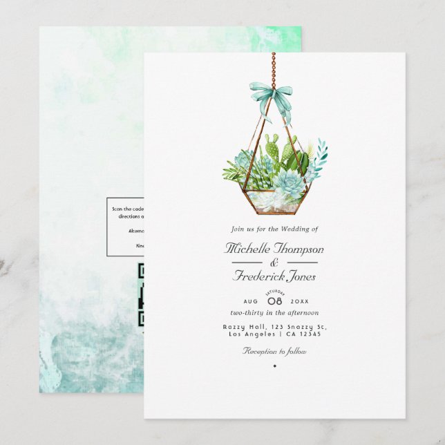 Invitation Terrarium en verre Succulents Code QR RSVP Mariage (Devant / Derrière)