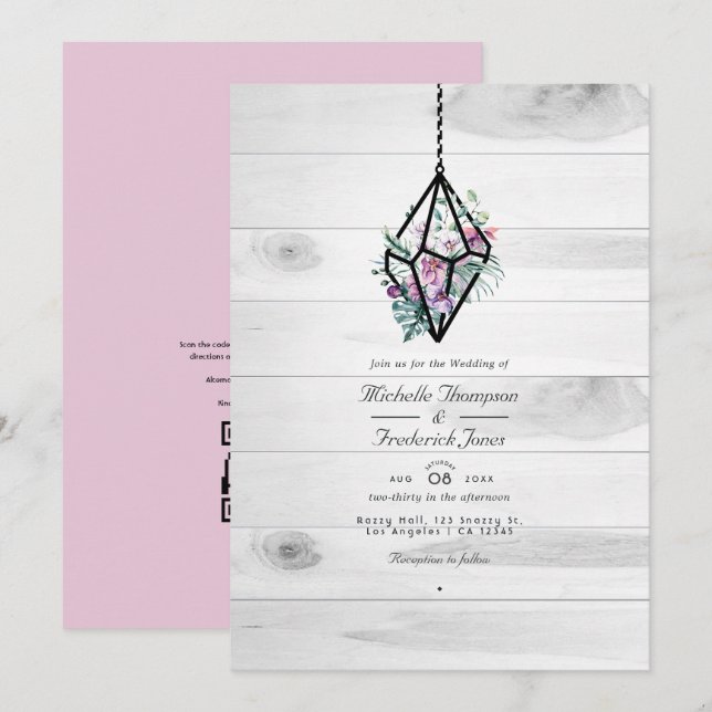 Invitation Terrarium Floral Rustique Code QR Mariage Jardin (Devant / Derrière)