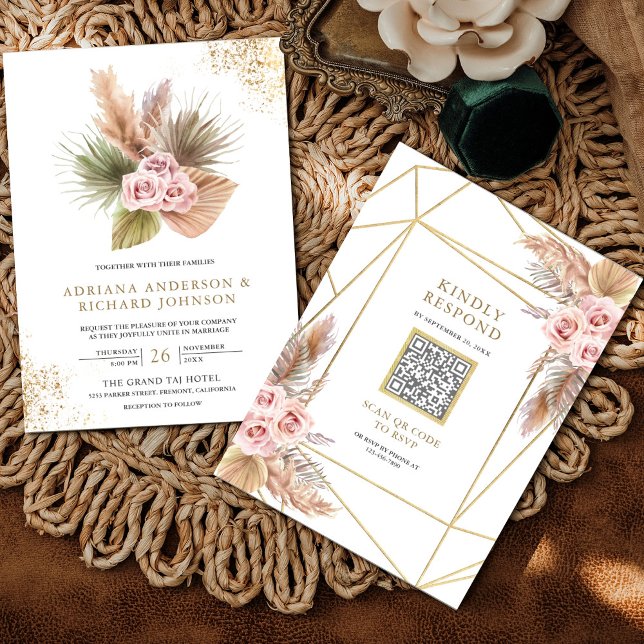 Invitation Terrarium Pampas Roses Rose Poussiéreuse Code QR M (Créateur téléchargé)